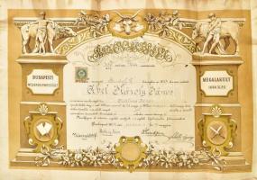 1892 Bp., a Budapesti Mészáros Ipartestület által kiállított, rendkívül dekoratív bizonyítvány, Ábel Károly János mészárossegéd részére; aláírásokkal, szárazpecséttel, 50 kr okmánybélyeggel. Hajtva, lapszéli szakadásokkal, 60x42 cm