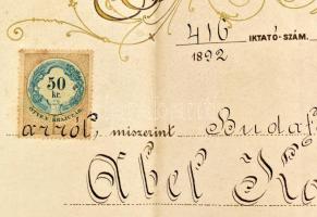 1892 Bp., a Budapesti Mészáros Ipartestület által kiállított, rendkívül dekoratív bizonyítvány, Ábel...