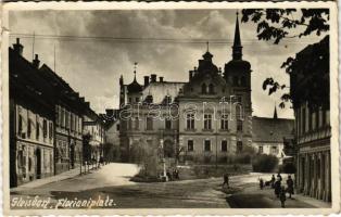 1935 Gleisdorf, Florianiplatz, Apotheke, Photo Perutz, Eisenhandlung Josef Winkelhofer & Co. / square, pharmacy, shops. photo (small tear)