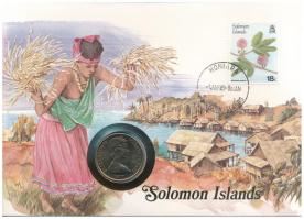 Salamon-szigetek 1977. 20c Cu-Ni II. Erzsébet felbélyegzett borítékban, bélyegzéssel, német nyelvű leírással T:AU patina Solomon Islands 1977. 20 Cents Cu-Ni Elizabeth II in envelope with stamp and cancellation, with German description C:AU patina