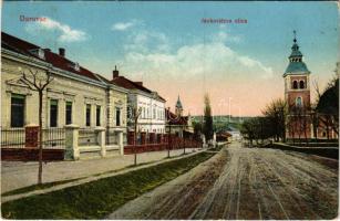 1928 Daruvár, Daruwar; Jankoviceva ulica / utca, templom / street view, church (Rb)