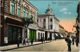 Galati, Galatz; Strada Domneasca si Casa Helder, Libraria Nationala / street view, palace, publishing house, shops of Lilienfeld, H. & D. Lazarovici (kis szakadás / small tear)