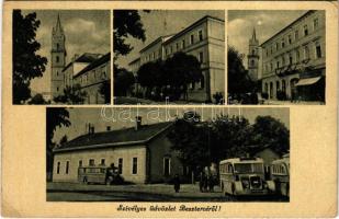 Beszterce, Bistritz, Bistrita; mozaiklap, autóbusz / multi-view postcard with autobuses (EK)