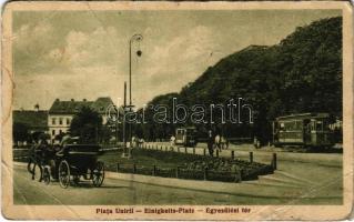 1938 Nagyszeben, Hermannstadt, Sibiu; Piata Unirii / Einigkeits-Platz / Egyesülési tér, villamos / square, trams (EB)