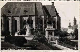 1936 Kolozsvár, Cluj; Statuia Lupoaicei / Anyafarkas szobor, Mátyás király szobra, templom / statue, monument, church (fl)