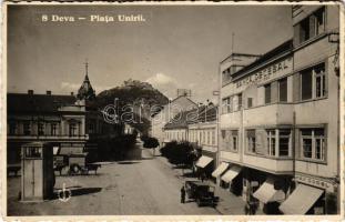 1936 Déva, Deva; Piata Unirii, Banca Decebal / Egyesülési tér, Hirsch Testvérek, Max Godel üzlete, bank / square, shops, bank (EK)