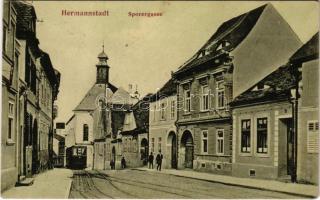 1913 Nagyszeben, Hermannstadt, Sibiu; Sporergasse / utca, villamos. G. A. Seraphin kiadása. Chromophot v. Jos. Drotleff / street view, tram (Rb)