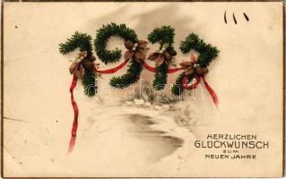 1917 Herzlichen Glückwunsch zum Neuen Jahre / WWI German military art postcard with New Year greeting + K.u.K. Divisionsmunitionspark No. 106 (EB)