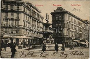 1906 Budapest VIII. Kálvin tér, gyógyszertár, szökőkút, villamos, üzletek. M. T. és F. I. Koch és Pór kiadása (EK)