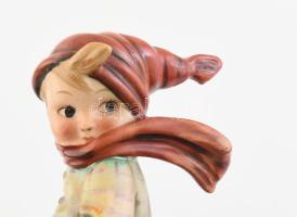 Hummel Goebel figura, kisfiú szélben, kézzel festett fajansz, jelzett, hibátlan, m: 14 cm