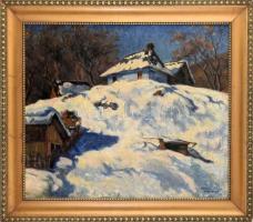 Krizsán János (1866-1948): Nagybánya télen. Olaj, vászon. Jelezve jobbra lent. Dekoratív fakeretben. 60x70 cm/ János Krizsán (1866-1948): Snowy Baia Mare. Oil on canvas. Signed lower right. Framed.