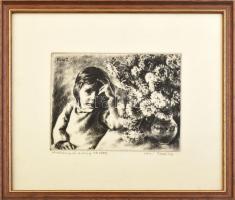 Kiss Terézia (1928-2016): Kislány és virág. Rézkarc, papír, jelzett, számozott (40/100). Üvegezett fakeretben. 15x19 cm