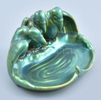 Zsolnay eozin mázas asztali névjegytartó, három figurális keselyű díszítménnyel, jelzett, hibátlan, ...