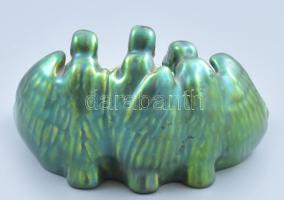 Zsolnay eozin mázas asztali névjegytartó, három figurális keselyű díszítménnyel, jelzett, hibátlan, ...