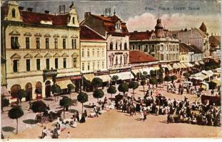 Arad, Piata Avram Iancu / piac, Palugyay palota, A. Weisz üzlete / market, shops, chateau (vágott / cut)