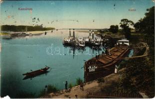 1913 Komárom, Komárnó; kikötő, MÁV 406. uszály, gőzhajók / port, barge, steamships (szakadás / tear)