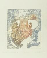 Stettner Béla (1928-1984): Parti emberek VII. Színes rézkarc, papír, jelzett, művészpéldány E.A. V/XV számozással, üvegezett fakeretben, 20×18 cm
