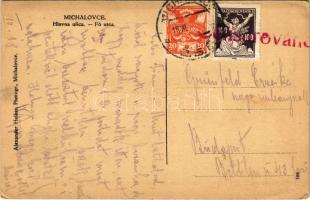 Nagymihály, Michalovce; Fő utca, gyógyszertár, zsinagóga kapuja. Alexander Halász kiadása / Hlavna u...