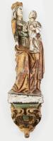 Régi Mária a kis Jézussal szobor, faragott, színesen festett fa, fali konzollal, kis kopásokkal, m: konzollal együtt: 63 cm
