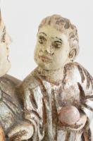 Régi Mária a kis Jézussal szobor, faragott, színesen festett fa, fali konzollal, kis kopásokkal, m: ...