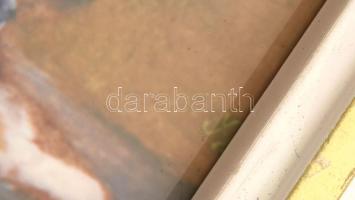 Szász? jelzéssel: Öreg hölgy. Fajansz, nyomatos csempekép, keretben, 13,5x13,5 cm