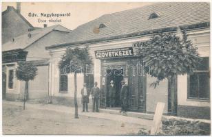 1922 Nagykapos, Velke Kapusany; utca, Fogyasztási és értékesítő szövetkezet és saját kiadása, Kühne üzlete / street, shops (fl)