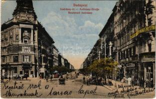 1922 Budapest VI. Andrássy út, takarékpénztár, Fonciere biztosító, Schimmelpfeng W. Tudakozóda, omnibusz Kalodont reklámmal (EK)