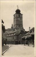 Nagyszeben, Hermannstadt, Sibiu; Tanácsostorony, Carl F. Jickeli üzete / street, town hall tower, shop. photo