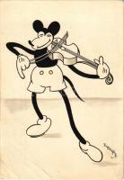 Mickey egér játszik a hegedűn. Klösz korai Disney képeslap. Hátoldalon Izsák József rt. vegyészetigyár reklám / Mickey Mouse playing on the violin. Early Hungarian Disney postcard s: Bisztriczky (EB)