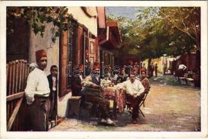 1930 Ada Kaleh, sziget, utca, Török kávéház. MFTR Művészlevelezőlap 6314-1. / Turkish cafe shop
