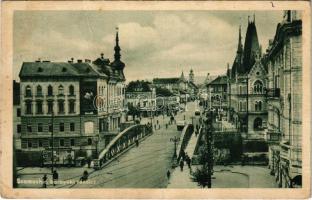 1942 Kolozsvár, Cluj; Szamoshíd környéki részlet, üzletek, utca / Somes river bridge, street, shops (fa)