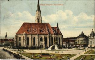 1912 Kolozsvár, Cluj; Mátyás király tér, templom, Haraszthy Jenő üzlete / square, church, shops (fa)