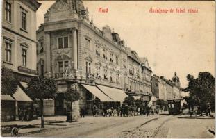 1915 Arad, Andrássy tér felső része, Központi szálloda és kávéház, autóbusz, városi vasút, Bloch H. üzlete / street view, shops, autobus, urban railway (Rb)