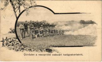 1908 Üdvözlet a veszprémi császári hadgyakorlatról, katonák lövészet gyakorlat közben. B.K.W.I. 828/8. Art Nouveau, floral s: Ch. Scolik (szakadás / tear)