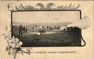 1908 Üdvözlet a veszprémi császári hadgyakorlatról, ágyú gyakorlat közben. B.K.W.I. 828/11. Art Nouveau, floral s: Ch. Scolik (EK)