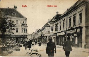 1909 Győr, Rákóczi utca, Simon Ferenc, Fábián Sándor és társa, Brujmann E.A. és fia üzlete, piac, vásár (EK)