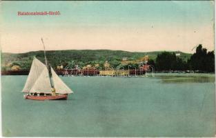 Balatonalmádi-fürdő, kabinok, vitorlás. Fodor Ferenc kiadása