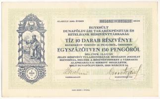 Dunaföldvár 1926. Egyesült Dunaföldvári Takarékpénztár és Hitelbank Részvénytársaság 10db részvénye egyben, összesen 150P-ről, szelvényekkel T:AU