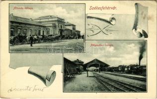 1910 Székesfehérvár, Vasútállomás külseje és belseje, gőzmozdony, vonat, lovas hintók. Art Nouveau, Robitsek Sándor kiadása (EK)