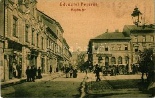 Pécs, Majláth tér, piac, gyógyszertár, Hirschler Mór, Ifj. Fürst Gyula, dohány és szivar, Köszl János és Bern. György üzlete. W.L. 1512. (EK)