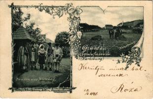 1898 (Vorläufer) Gyulafehérvár, Alba Iulia; Hauptplatz, Bauern aus Hátszeg / Fő tér, piac, Hátszegi parasztok. A. von Palocsay kiadása / main square, market, peasants from Hateg, Transylvanian folklore. Art Nouveau, floral (EK)