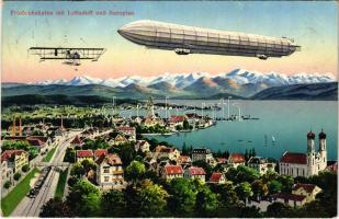 1915 Friedrichshafen mit Luftschiff und Aeroplan / airship and airplane, locomotive (EK)