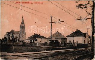 Budapest XVI. Rákosszentmihály, Templom tér, villamossín. Faragó Gyula kiadása (EB)