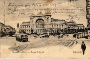 1902 Budapest VII. Központi (Keleti) indóház, vasútállomás, Baross szobor, villamos. Divald Károly 146. (EK)