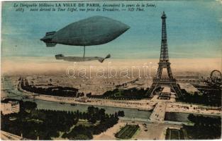 Paris, Le Dirigeable Militaire La Ville de Paris descendant le cours de la Seine passe devant la Tour Eiffel, vue prise du Trocadero / military airship over Paris (Rb)