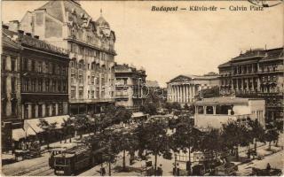 1916 Budapest VIII. Kálvin (Calvin) tér, 35-ös és 7-es villamosok, Takarékpénztár, az egykori Báthory Kávéház (Stern József áruház is üzemelt benne) a Kecskeméti utca és Múzeum körút sarkán, Neuman László üzlete, Gyógyszertár (Rb)