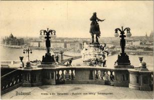Budapest I. Kilátás a kir. várkertből, Savoyai Jenő herceg lovas szobor, Országház. Photobrom No. 66.