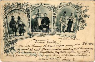 1898 (Vorläufer) Nagyszeben, Hermannstadt, Sibiu; Zigeuner Paar, Sächsisches und Rumänisches Paar / cigány, szász és román népviselet. Carl F. Jickeli kiadása / Gypsy, Romanian and Saxon folklore. Art Nouveau, floral (EB)