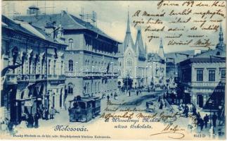 1899 (Vorläufer) Kolozsvár, Cluj; Wesselényi Miklós utca torkolata, városi kisvasút, vonat, Szegedi Zoltán és ifj. Pere István üzlete. Dunky fivérek kiadása / street, urban railway, train, shops + BOICZA DÉVA MELLETT (EK)