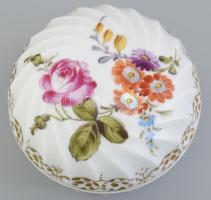 Régi virágmintás bonbonier, kopott, jelzett, d: 9 cm